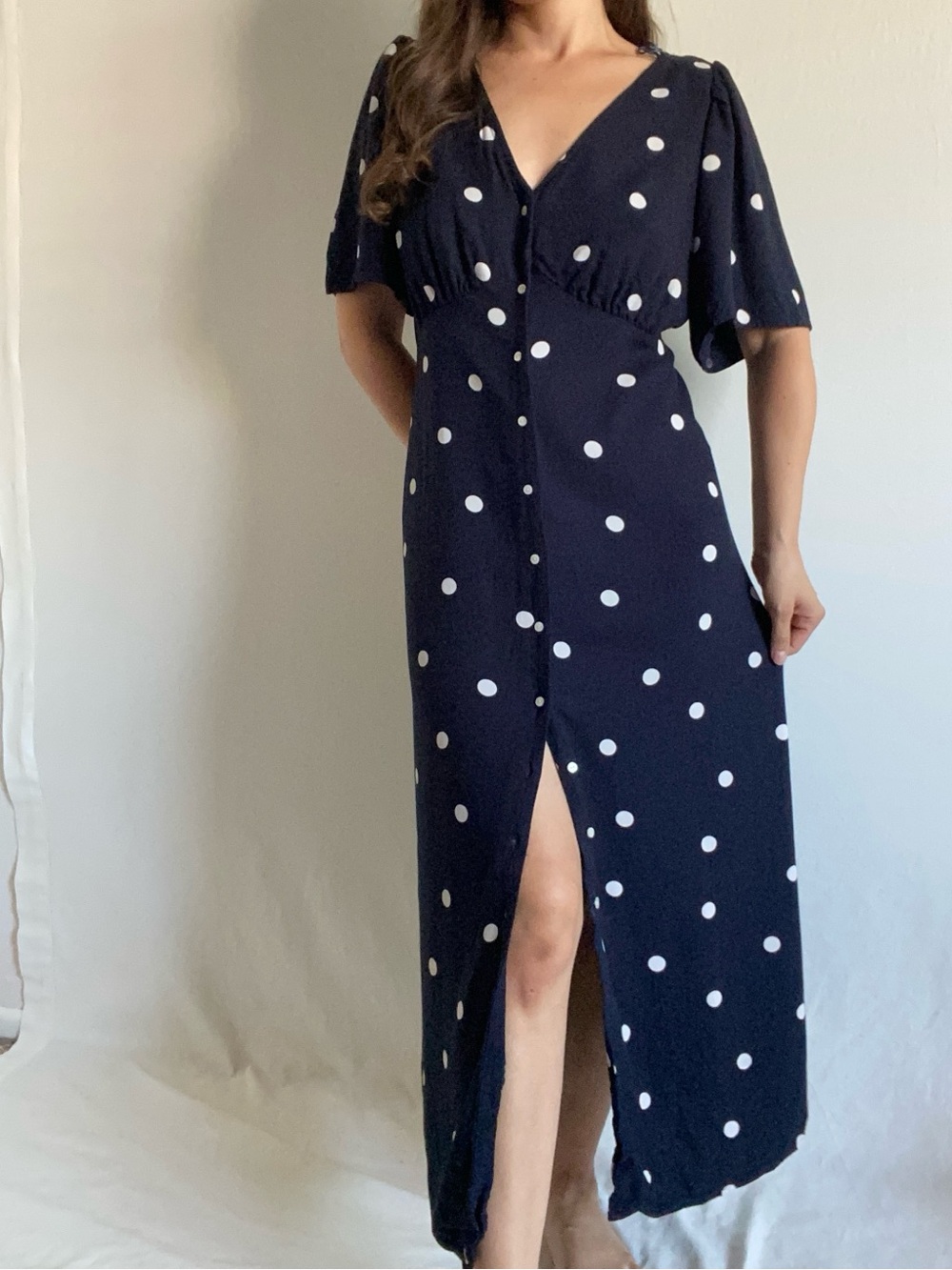 Old Navy Viscose Navy Blue Maxi Dress with White Polka Dots Size Large
